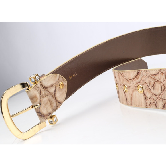 Beige Embossed Leather Wide Adjustable Waist Belt Size 46 Gold Buckle main image 8